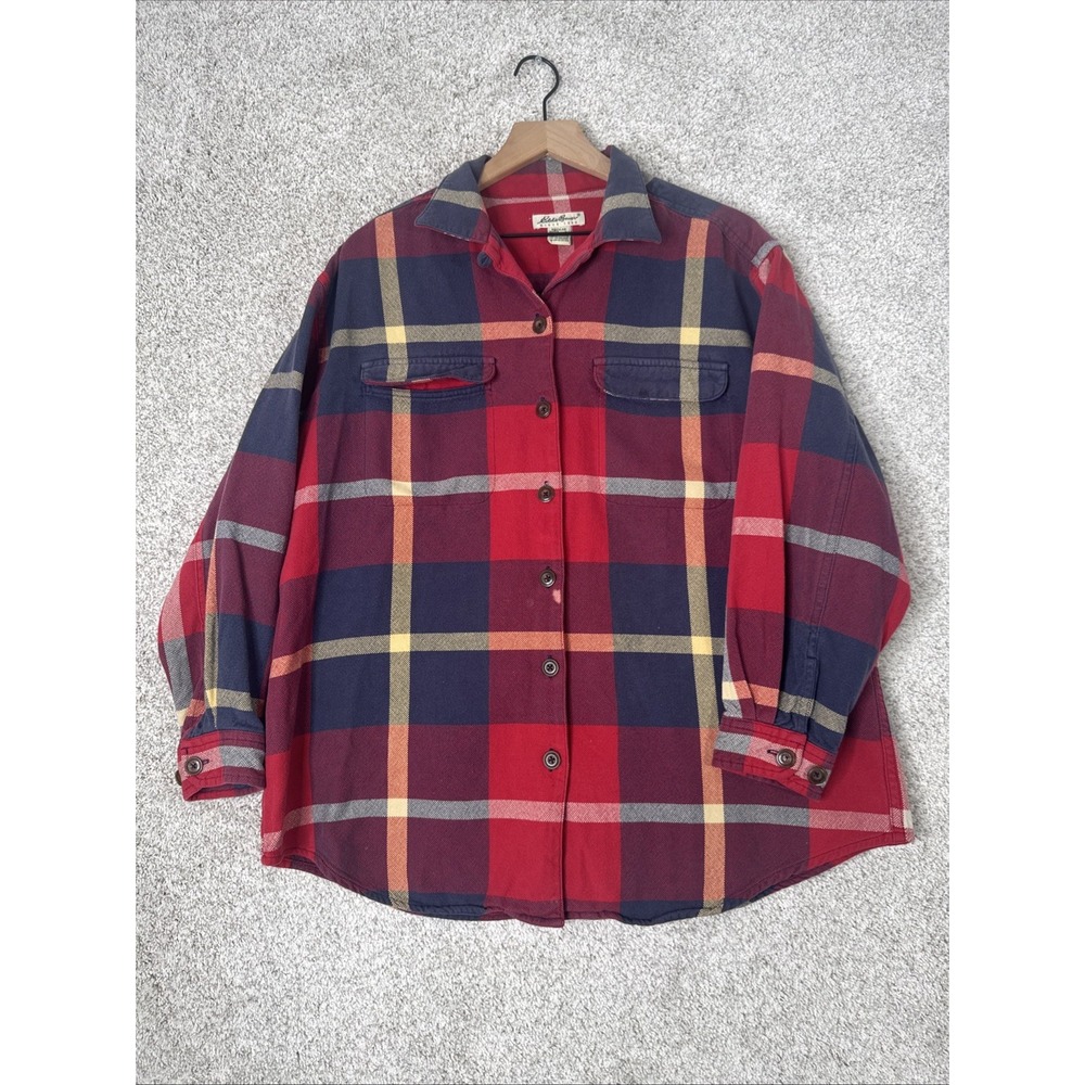 Eddie Bauer Flannel Button Up Shirt Womens Large Long Sleeve Plaid Navy Red‎